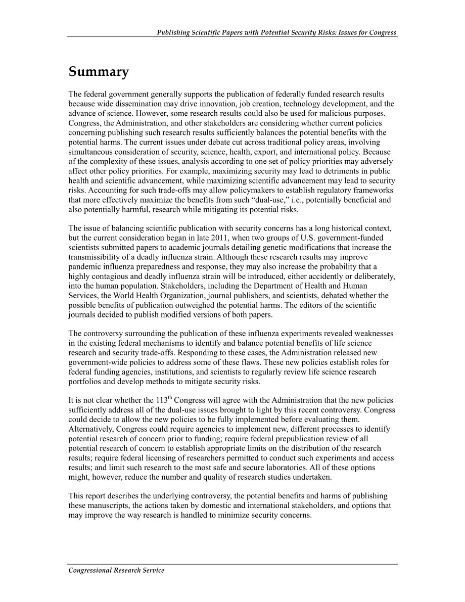 [20130318]R42606_发布具有潜在安全风险的科学论文：国会议题.pdf_第2页
