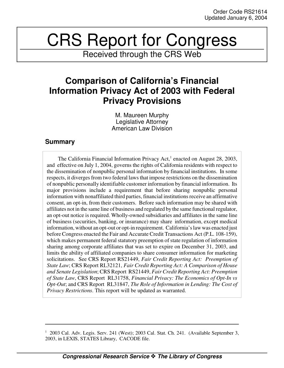 [20040106]RS21614_2003年加州《金融信息隐私法》与联邦隐私规定的比较.pdf_第1页