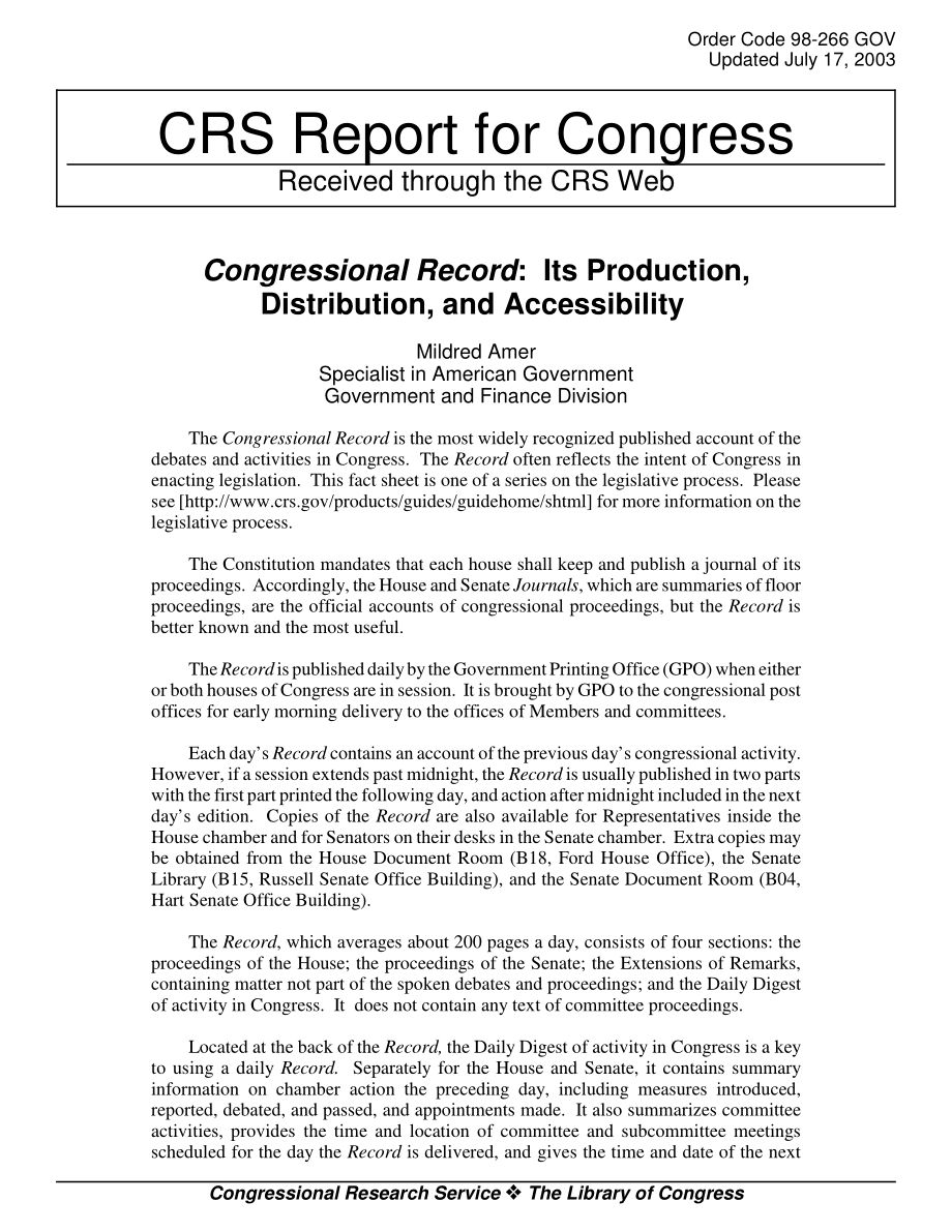 [20030717]98-266GOV_国会记录：其生产、分销和可访问性.pdf_第1页