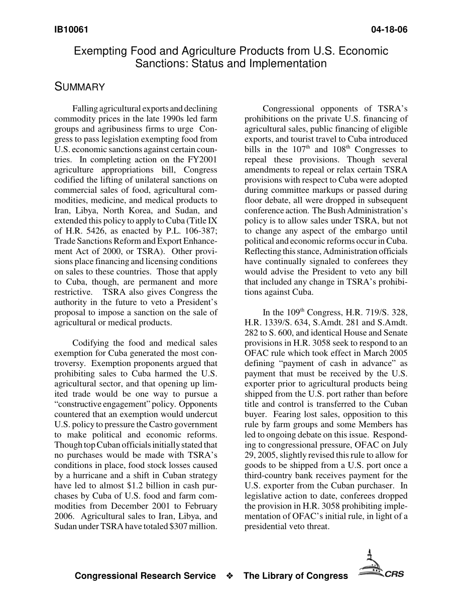[20060418]IB10061_免除食品和农产品的美国经济制裁：现状和实施情况.pdf_第3页