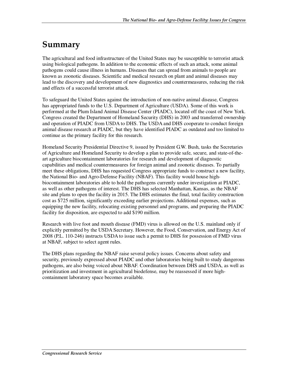 [20091214]RL34160_国家生物和农业防御设施：国会议题.pdf_第2页