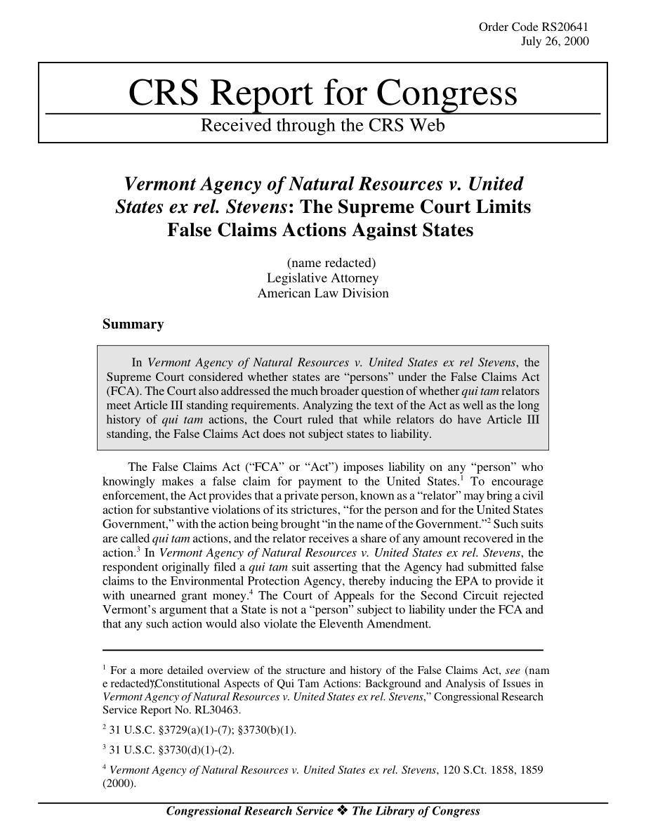 [20000726]RS20641_佛蒙特州自然资源署诉美国ex rel史蒂文斯：最高法院限制针对各州的虚假诉讼.pdf_第1页