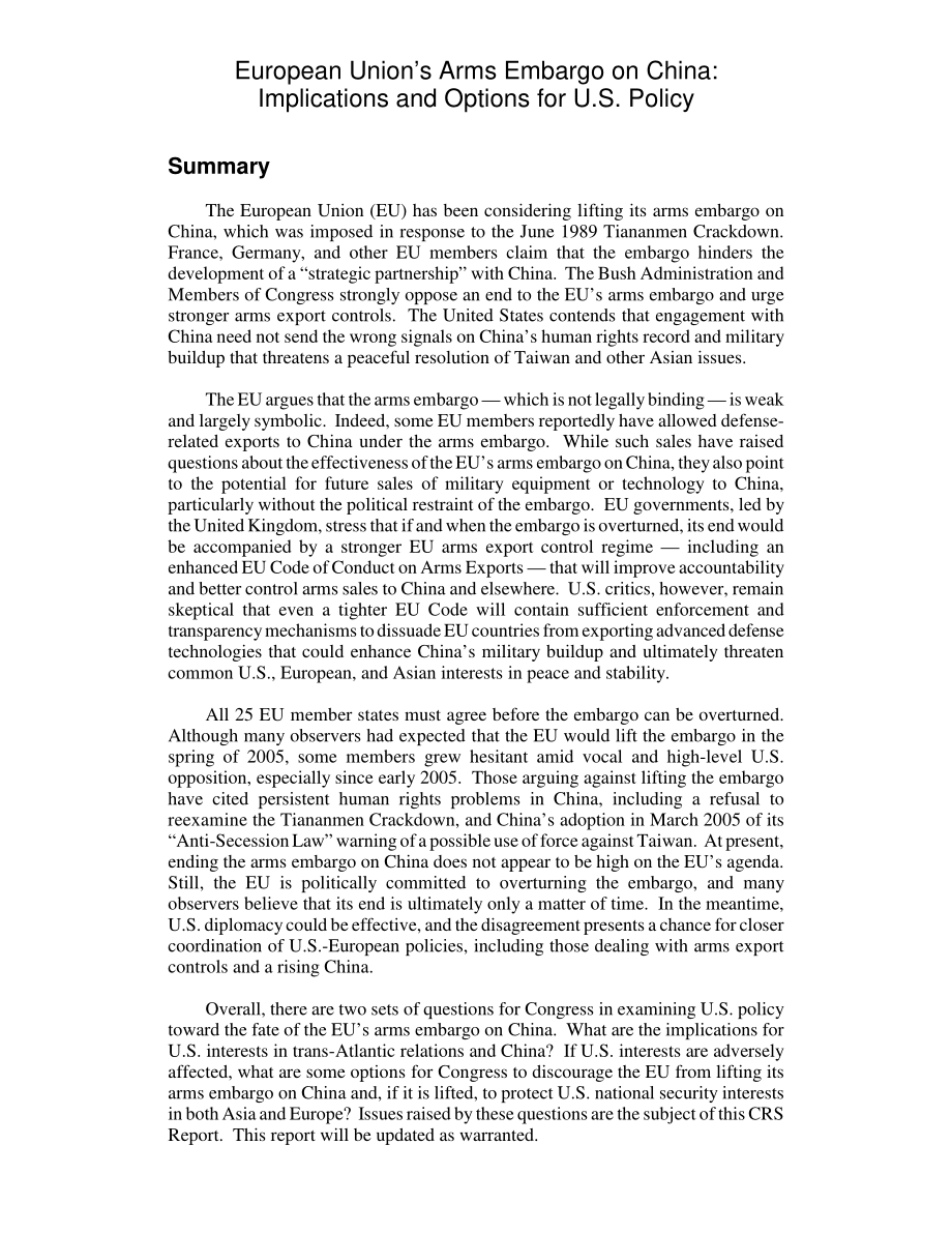 [20060126]RL32870_欧盟对华武器禁运：美国政策的影响和选择.pdf_第2页