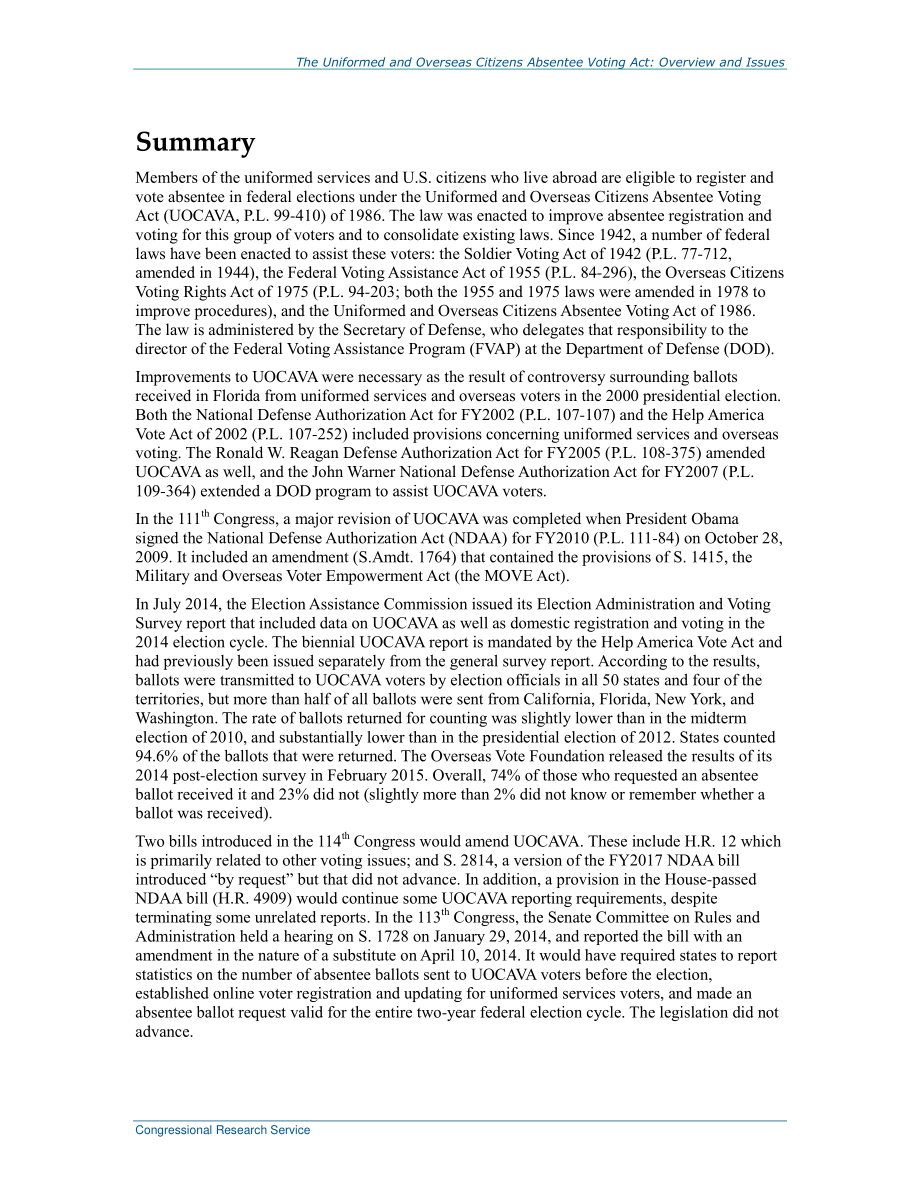 [20161026]RS20764_《制服和海外公民缺席投票法》：概述和问题.pdf_第2页