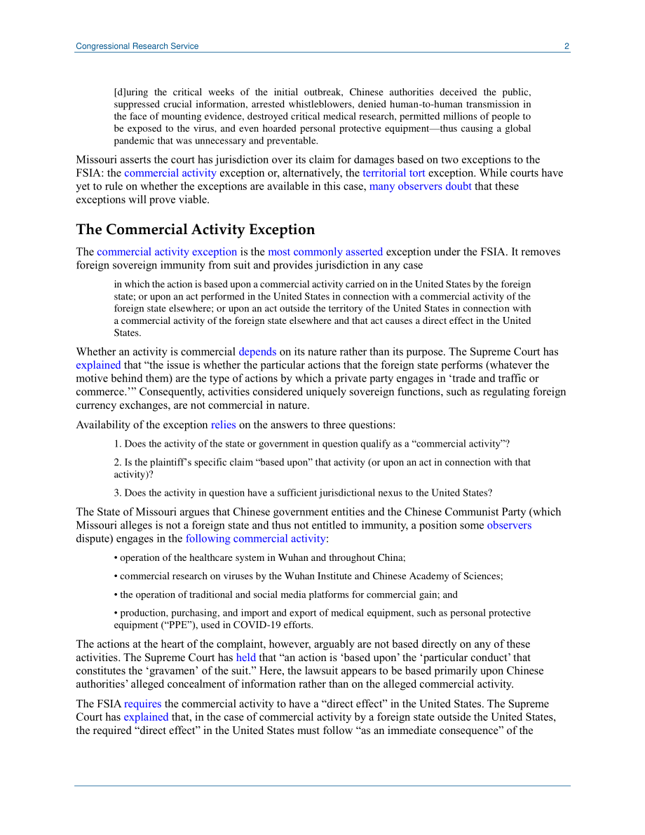 [20200515]LSB10467_外国主权豁免与2019冠状病毒疾病对中国的诉讼.pdf_第2页