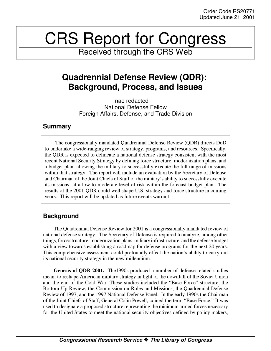 [20010621]RS20771_四年防务审查（QDR）：背景、流程和问题.pdf_第1页
