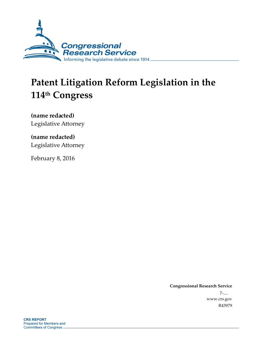[20160208]R43979_第114届国会专利诉讼改革立法.pdf_第1页