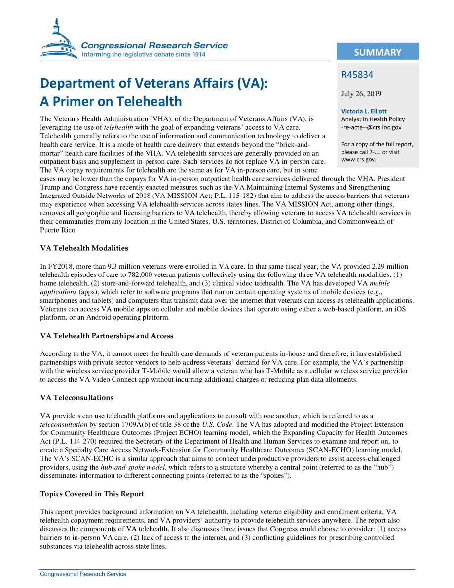 [20190726]R45834_退伍军人事务部（VA）：远程健康入门.pdf_第2页