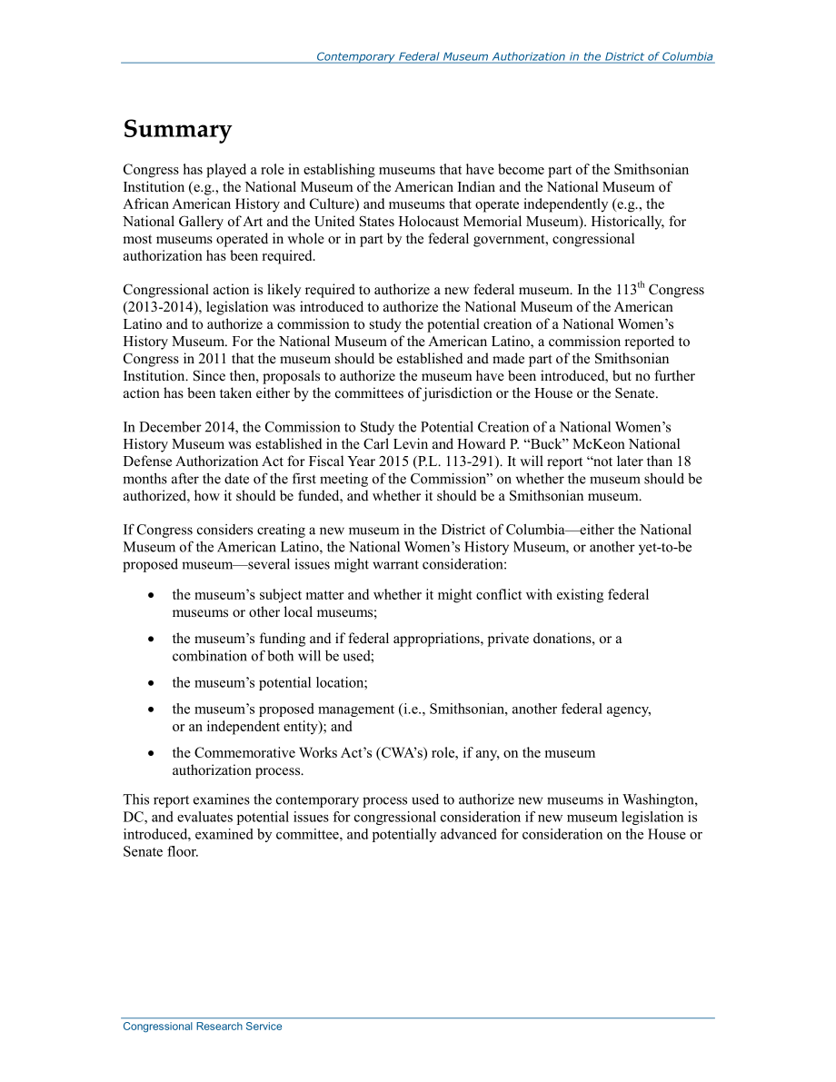 [20150109]R43856_哥伦比亚特区当代联邦博物馆授权：国会过去的做法和选择.pdf_第2页
