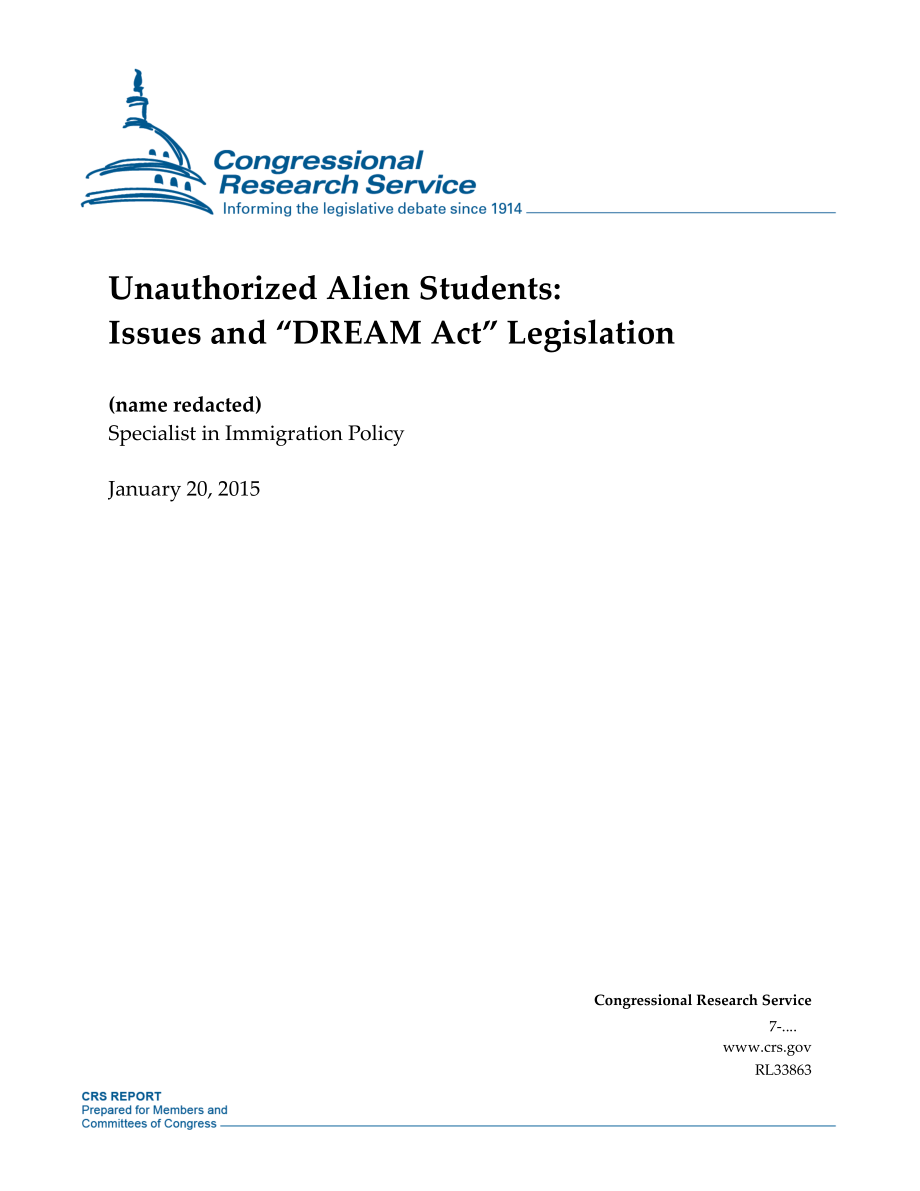 [20150120]RL33863_未经授权的外国学生：问题与《梦想法案》立法.pdf_第1页