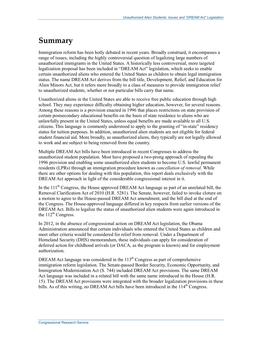 [20150120]RL33863_未经授权的外国学生：问题与《梦想法案》立法.pdf_第2页