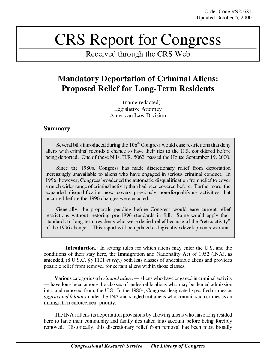 [20001005]RS20681_强制驱逐犯罪外国人：长期居民的拟议救济.pdf_第1页