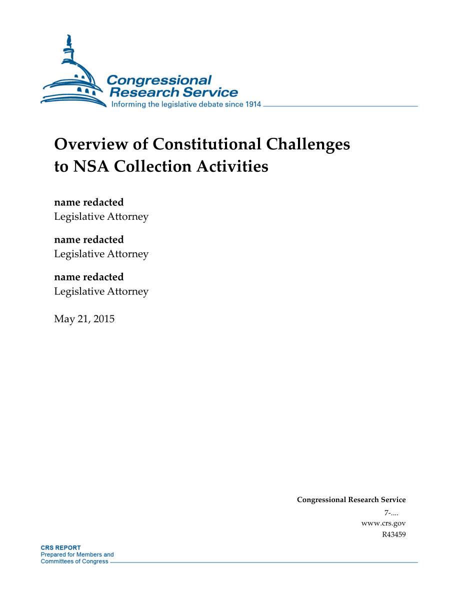 [20150521]R43459_NSA收集活动面临的宪法挑战概述 .pdf_第1页