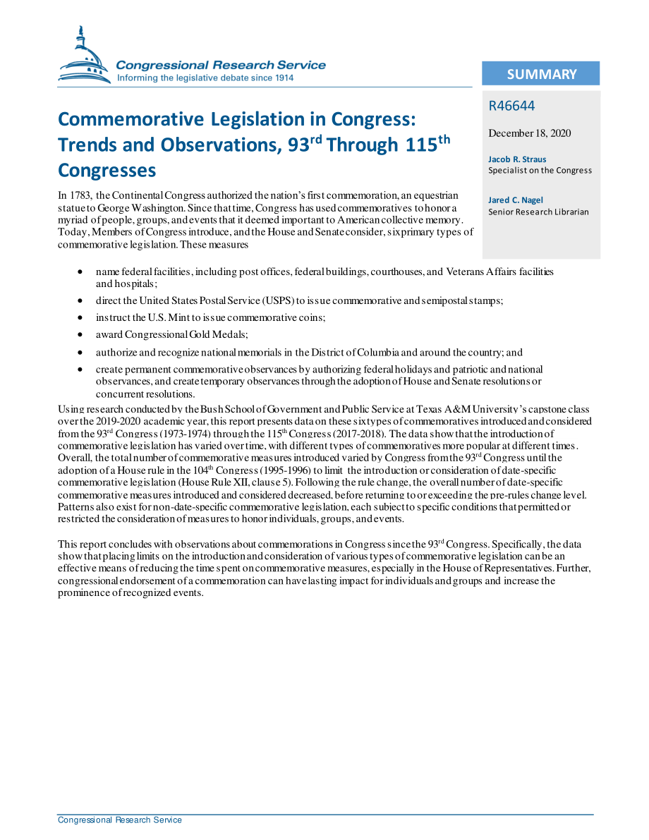 [20201218]R46644_国会纪念立法：趋势与观察第93届至第115届大会.pdf_第2页