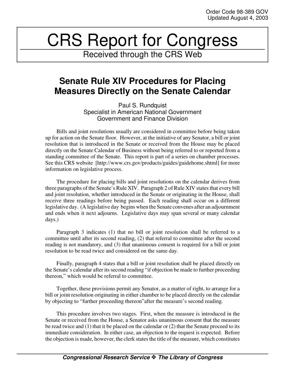 [20030804]98-389GOV_参议院第十四条将措施直接列入参议院日历的程序.pdf_第1页
