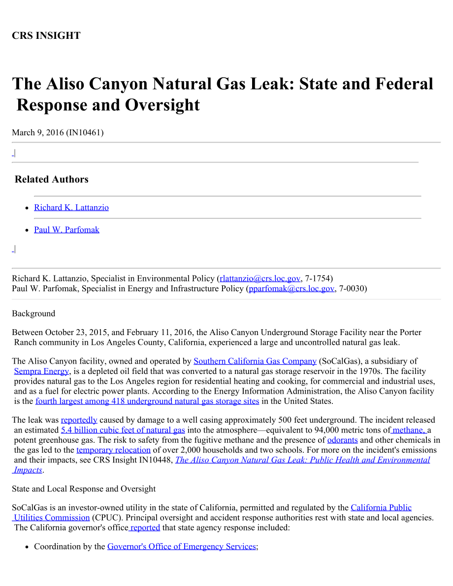 [20160309]IN10461_Aliso Canyon天然气泄漏：州和联邦的回应和监督.pdf_第1页