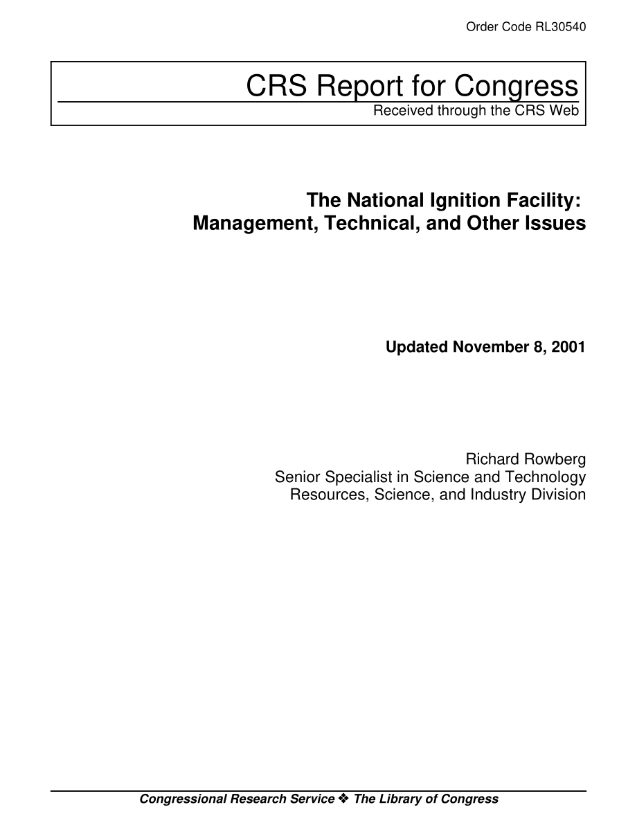 [20011108]RL30540_国家点火设施：管理、技术和其他问题.pdf_第1页