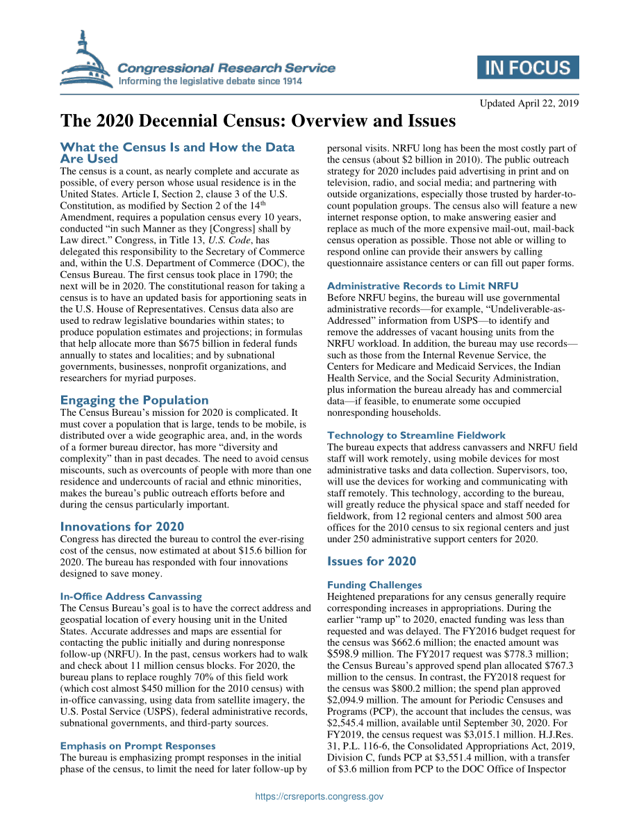 [20190422]IF11015_2020年十年一次的人口普查：概述和问题.pdf_第1页