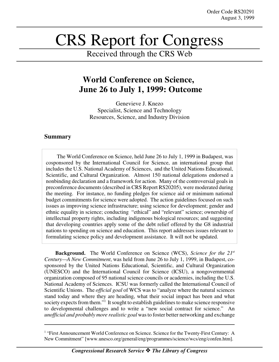[19990803]RS20291_世界科学会议1999年6月26日至7月1日：结果.pdf_第1页