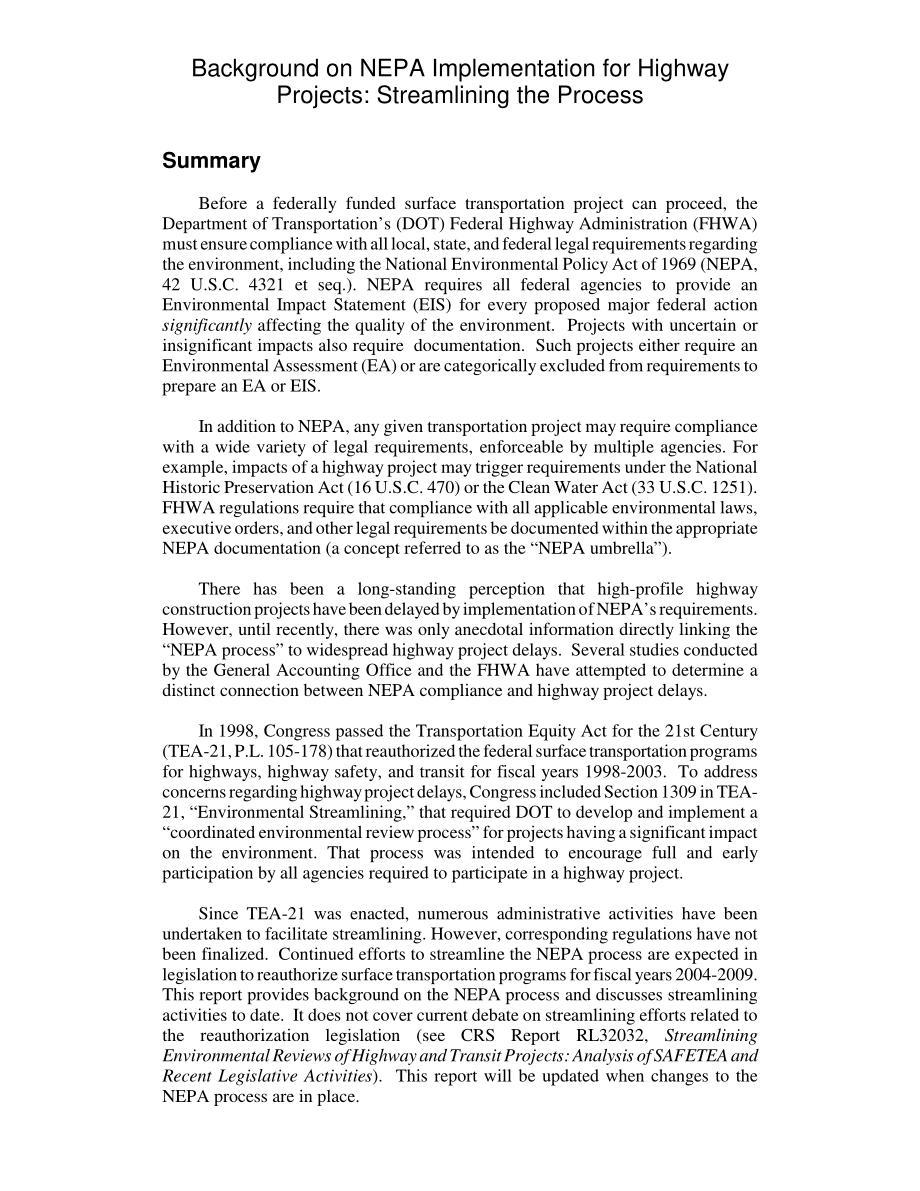 [20030806]RL32024_《国家环境政策法》在公路项目中的实施背景：简化流程.pdf_第2页