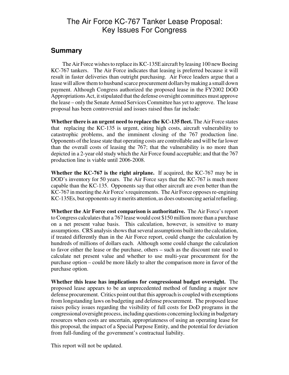 [20030902]RL32056_空军KC-767加油机租赁提案：国会的关键问题.pdf_第2页