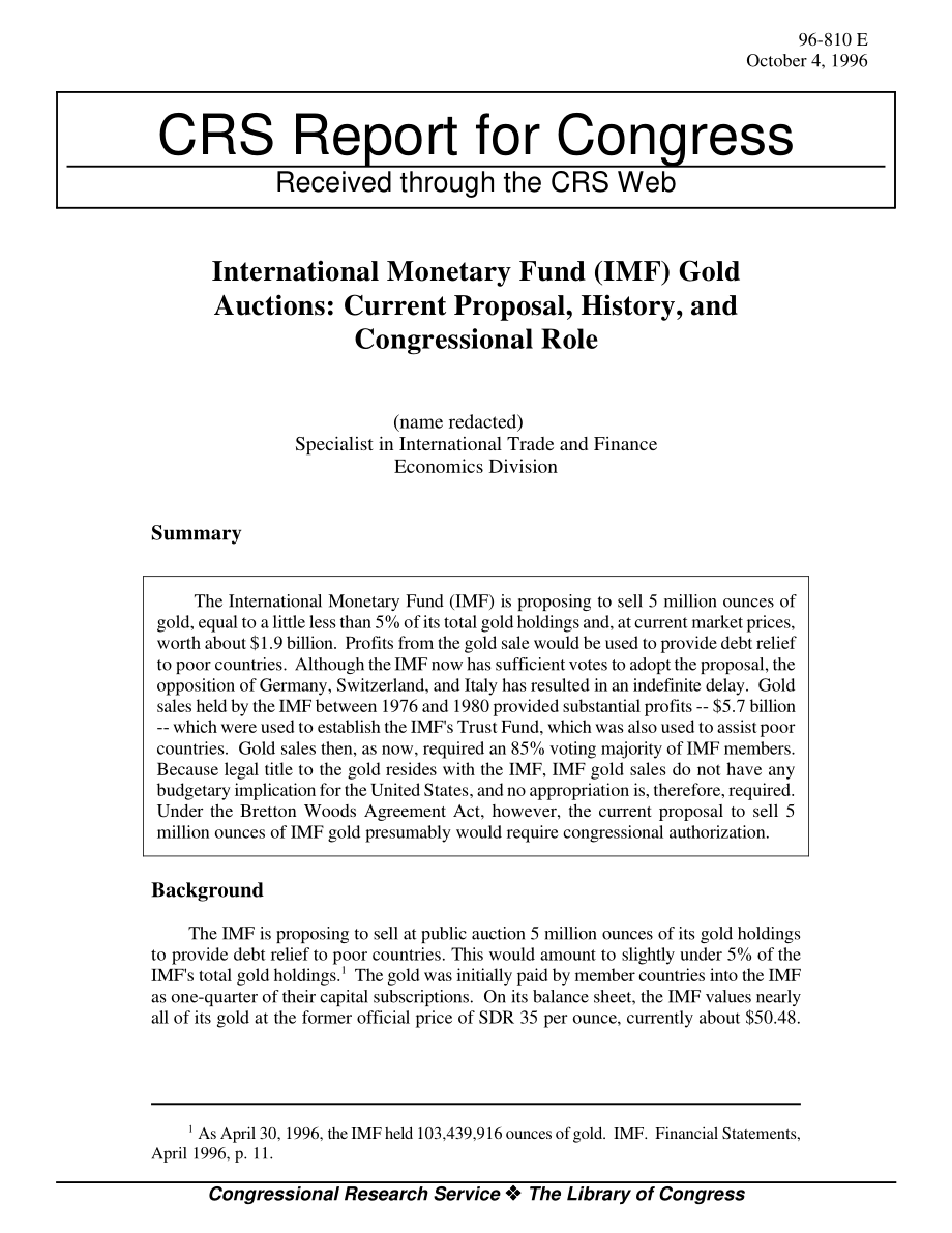 [19961004]96-810_国际货币基金组织（IMF）黄金拍卖：当前提案、历史和国会角色.pdf_第1页