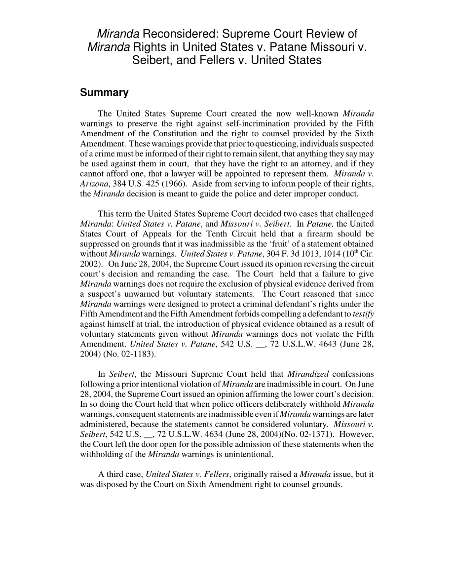 [20040726]RL32224_米兰达重新考虑：美国最高法院对Miranda Rights诉Patane Missouri诉Seibert和Fellers诉美国案的复审.pdf_第2页