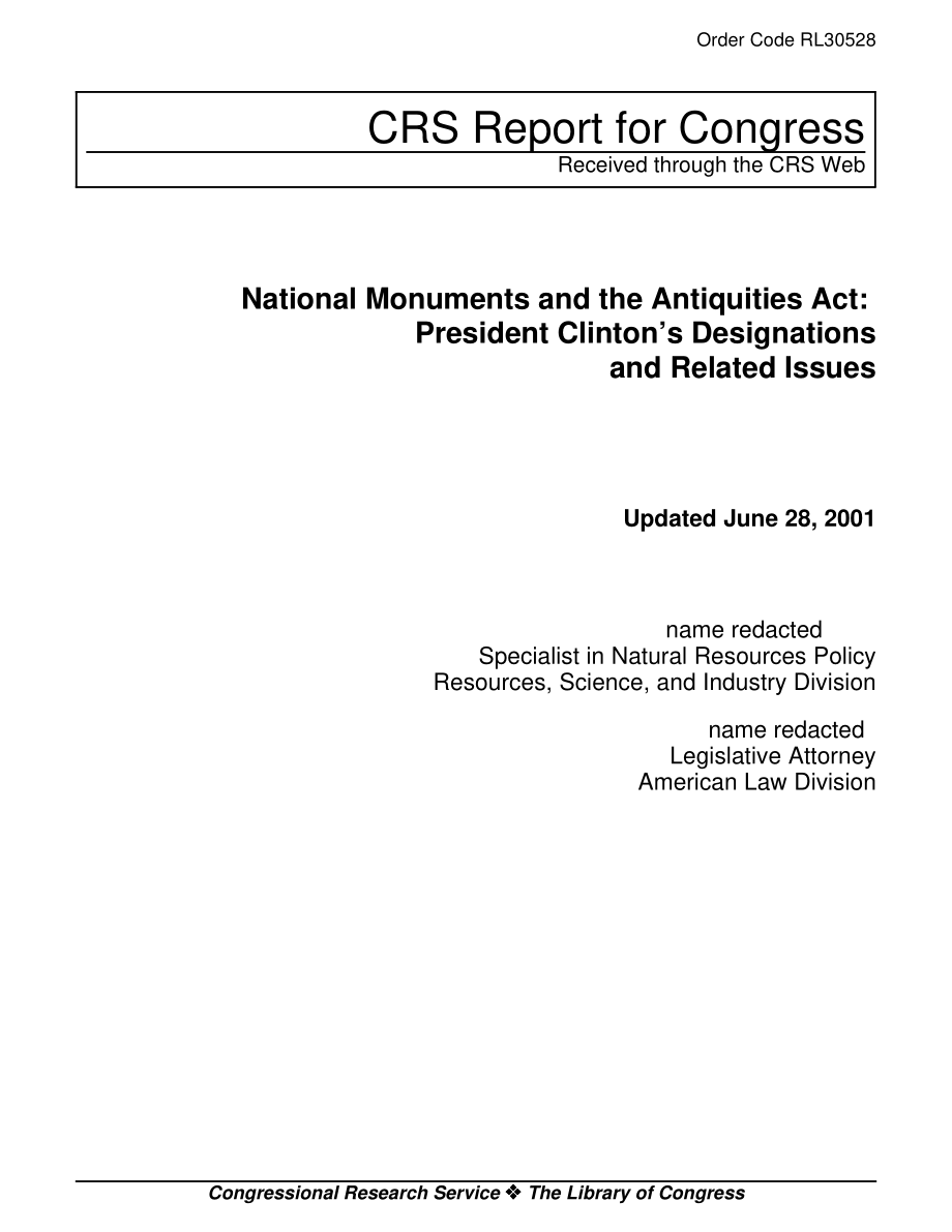 [20010628]RL30528_国家纪念碑和古物法：克林顿总统的任命及相关问题.pdf_第1页