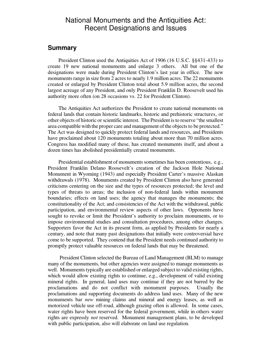 [20010628]RL30528_国家纪念碑和古物法：克林顿总统的任命及相关问题.pdf_第2页