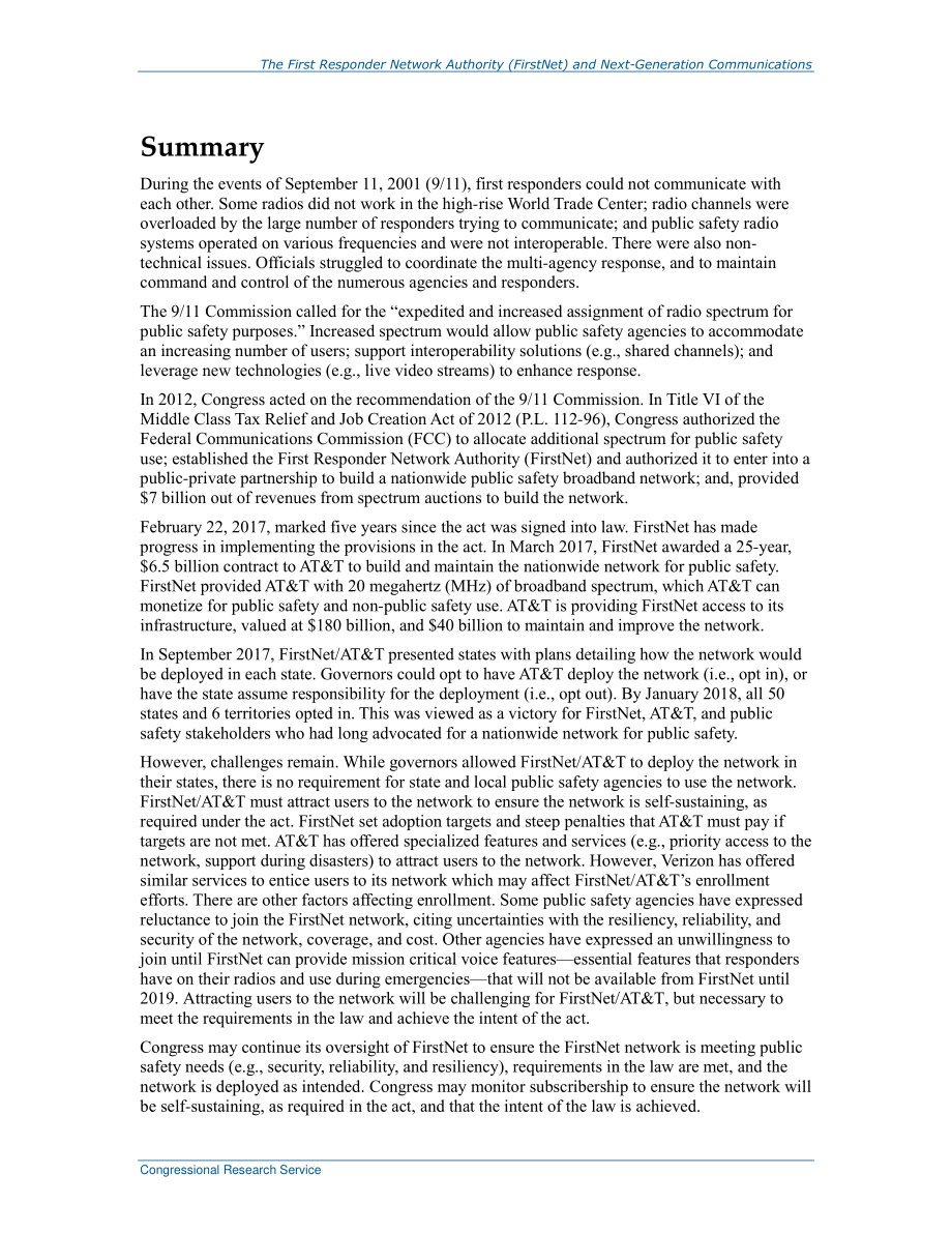 [20180427]R45179_第一响应者网络（FirstNet）和下一代公共安全通信：国会议题.pdf_第2页