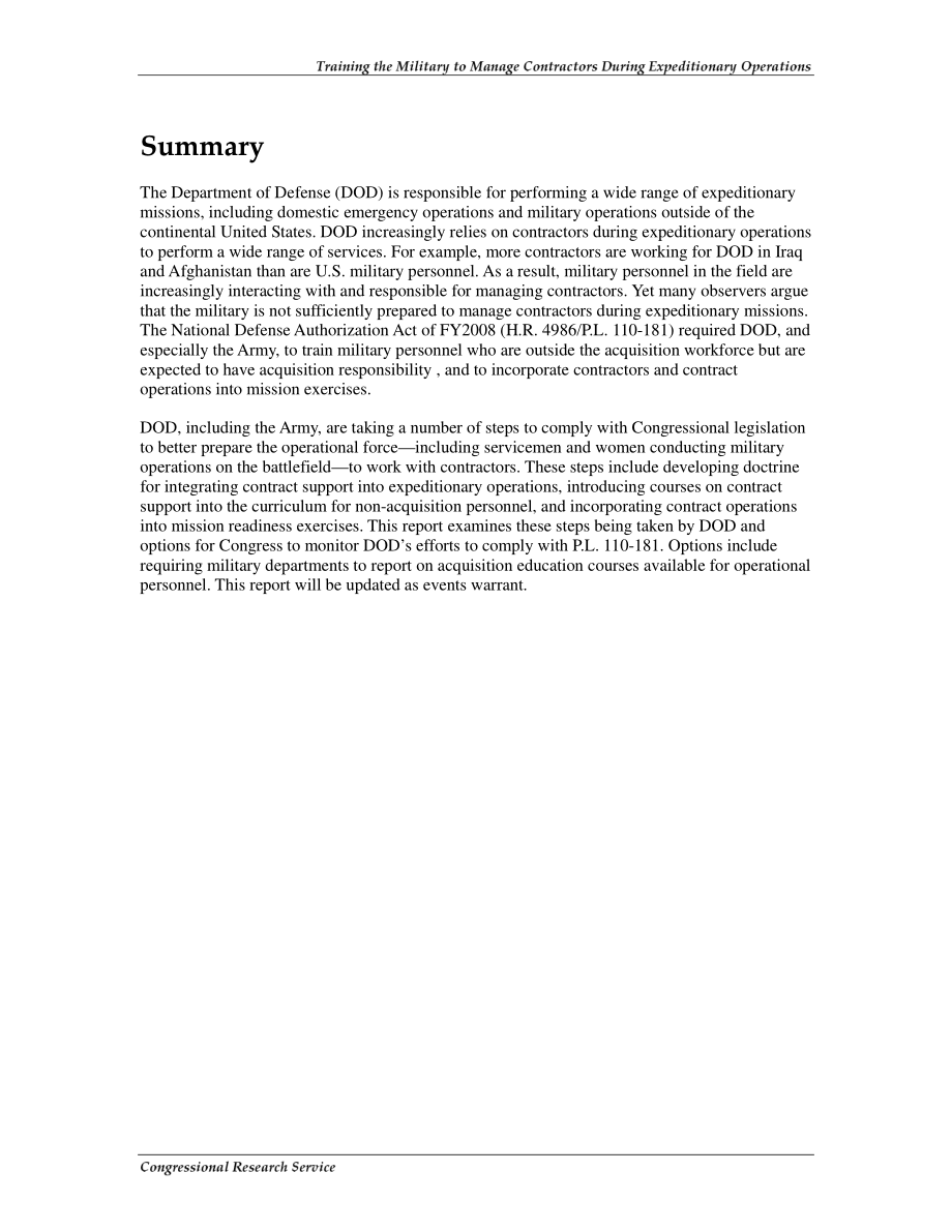 [20081217]R40057_在远征作战期间培训军队管理承包商：大会概述和选项.pdf_第2页