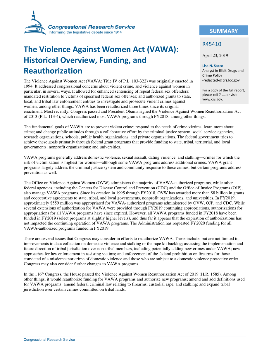 [20190423]R45410_《暴力侵害妇女法》（VAWA）：历史概况、资金和重新授权.pdf_第2页