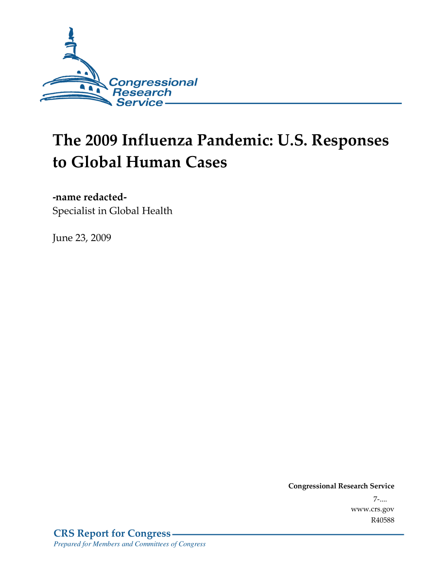 [20090623]R40588_2009年流感大流行：美国对全球人类病例的反应 .pdf_第1页