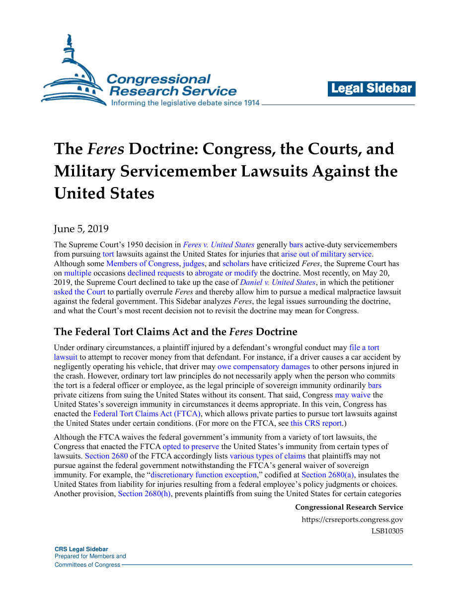[20190605]LSB10305_Feres原则：国会、法院和军人对美国的诉讼.pdf_第1页