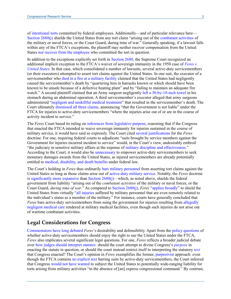 [20190605]LSB10305_Feres原则：国会、法院和军人对美国的诉讼.pdf_第2页