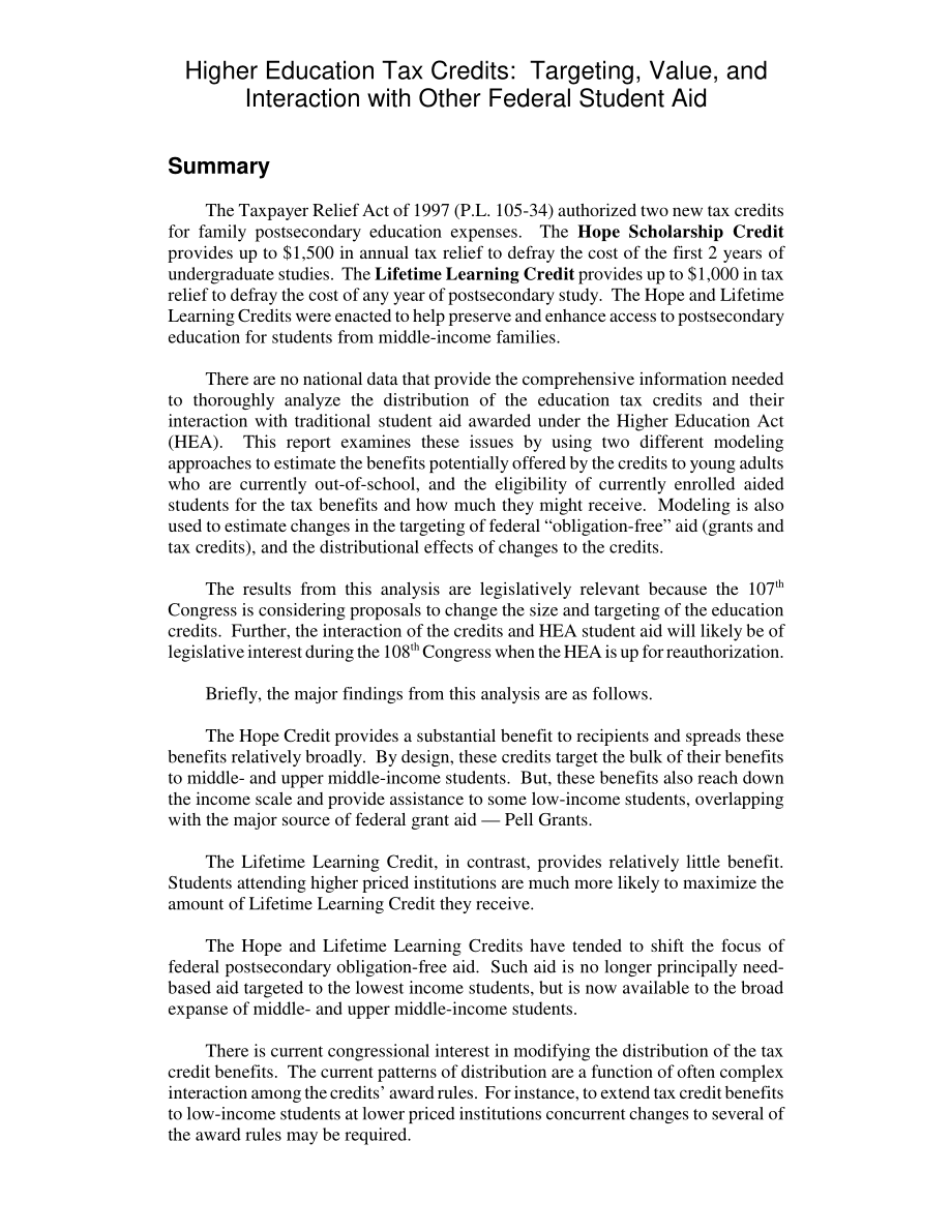 [20020702]RL31484_高等教育税收抵免：目标、价值以及与其他联邦学生援助的互动.pdf_第2页