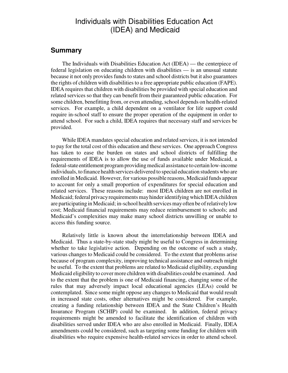 [20030131]RL31722_《残疾人教育法案》（IDEA）和医疗补助.pdf_第2页