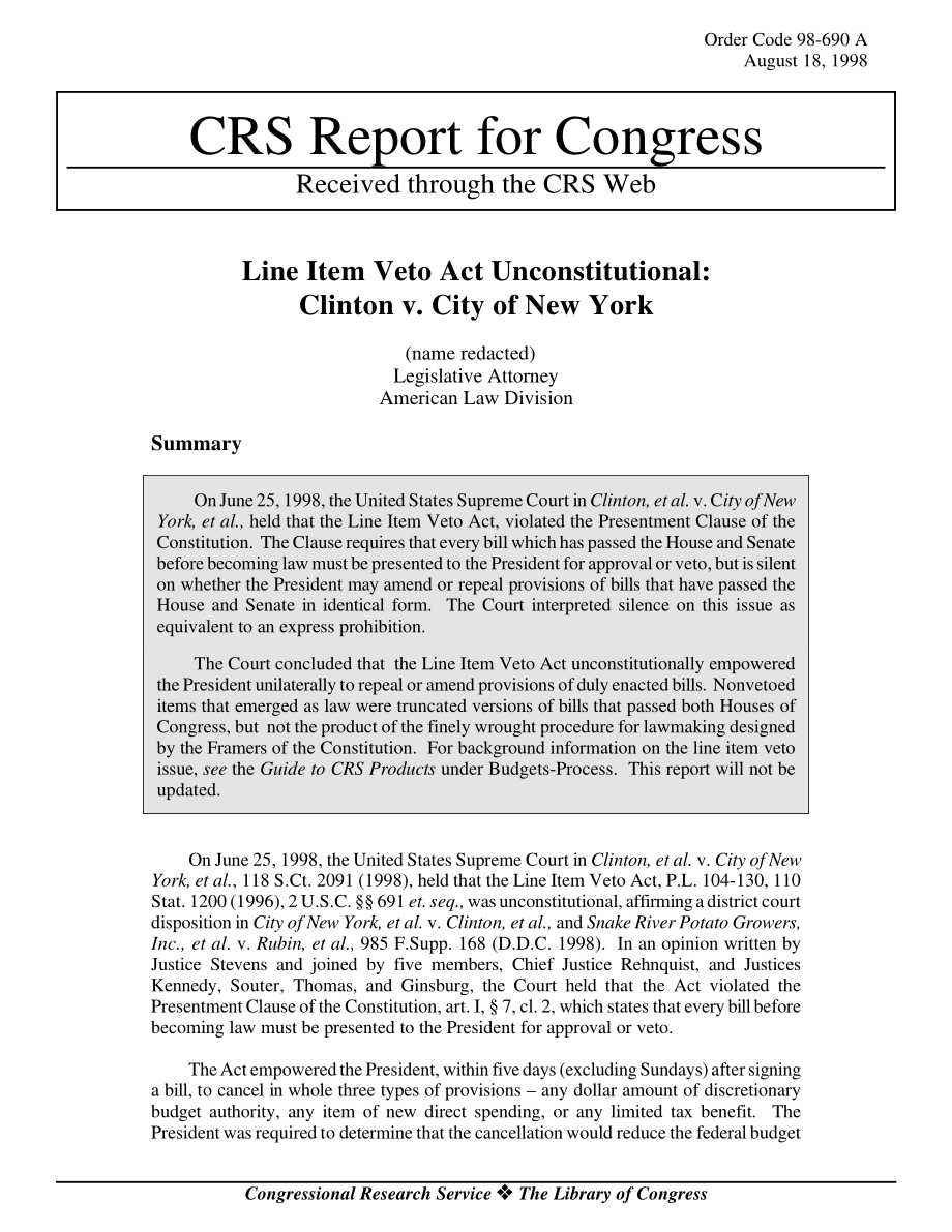 [19980818]98-690_行项目否决法案违宪：克林顿诉纽约市案.pdf_第1页