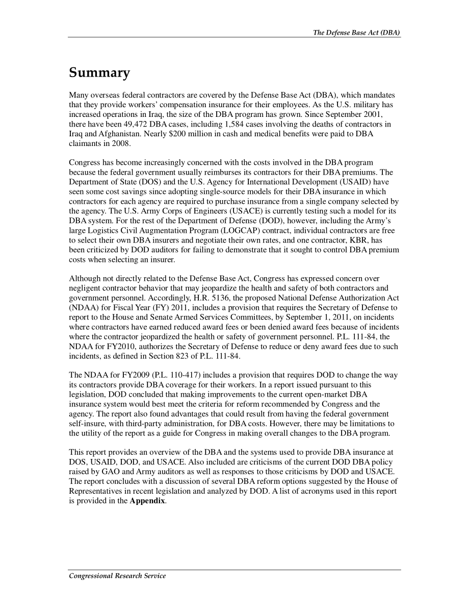 [20100602]RL34670_《国防基地法案》（DBA）：联邦政府授权的海外政府承包商工伤赔偿制度.pdf_第2页