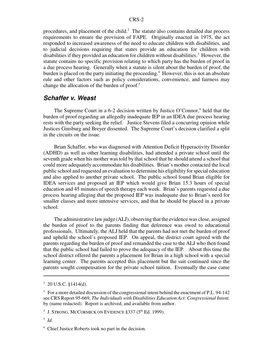 [20051221]RS22353_《残疾人教育法》（IDEA）：Schaffer v.Weast裁定寻求救济的一方承担举证责任.pdf_第2页