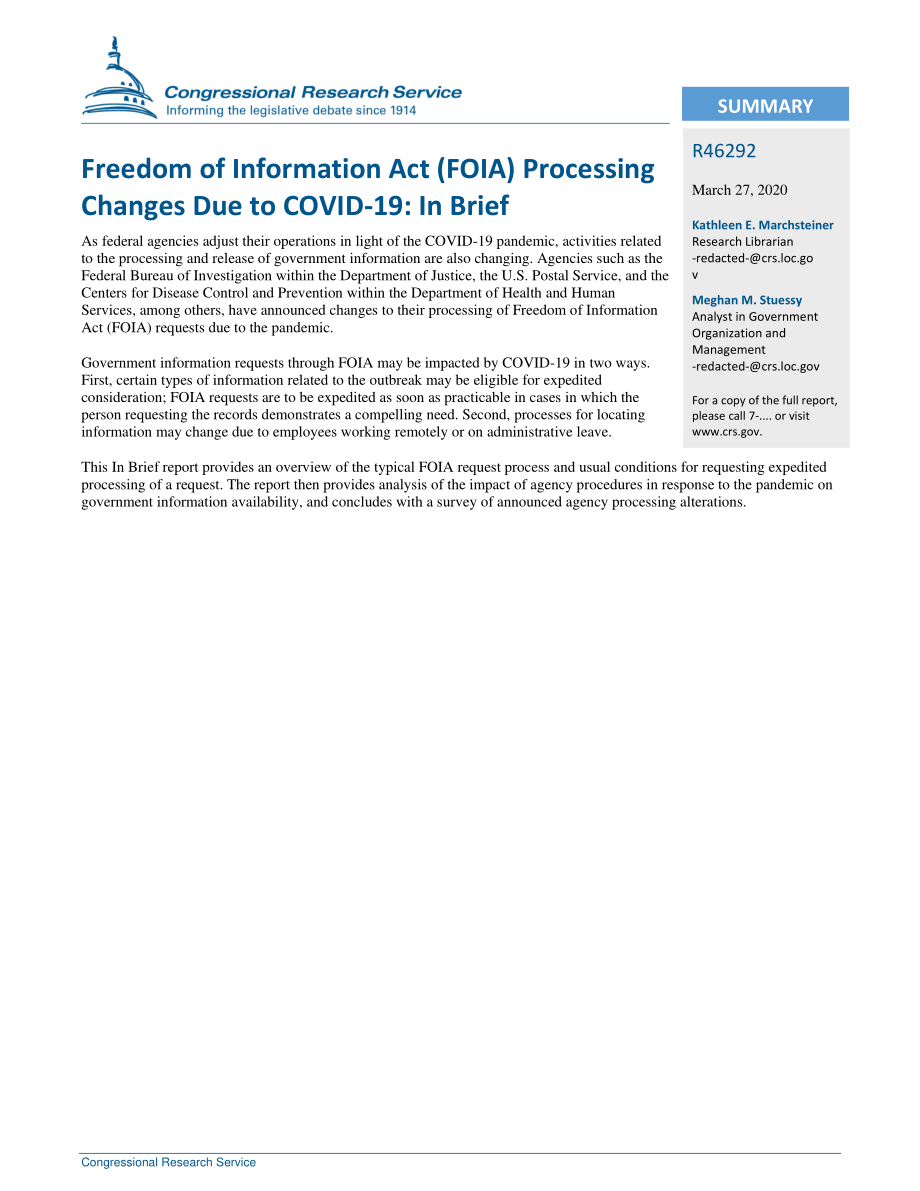 [20200327]R46292_《信息自由法》（FOIA）处理因新冠肺炎引起的变化：简言之.pdf_第2页