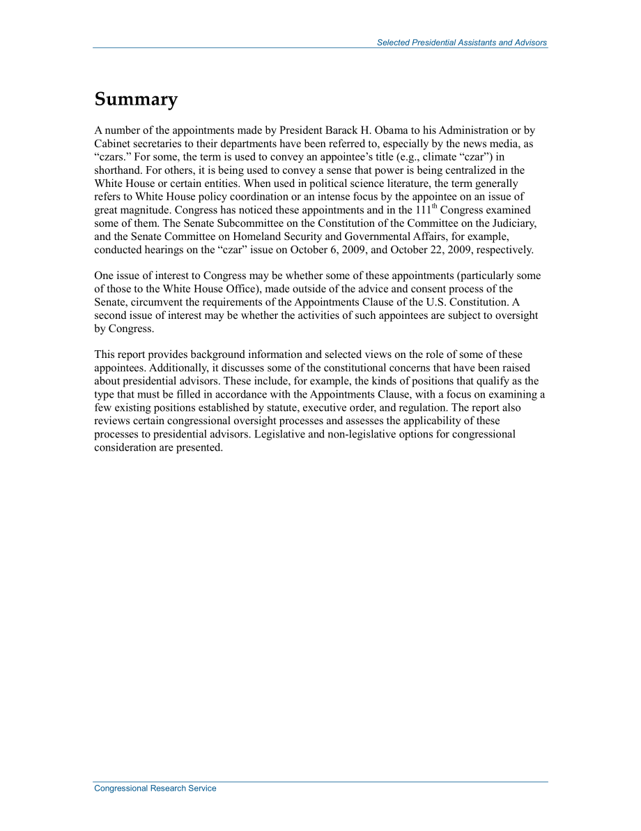 [20140331]R40856_关于选定总统助理和顾问的辩论：任命、问责和国会监督.pdf_第2页