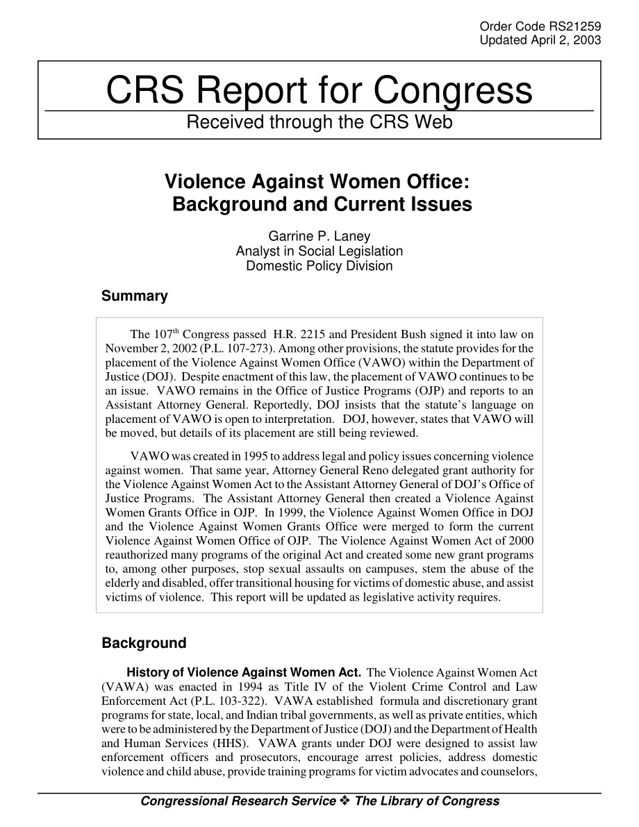 [20030402]RS21259_暴力侵害妇女办公室：背景和当前问题.pdf_第1页