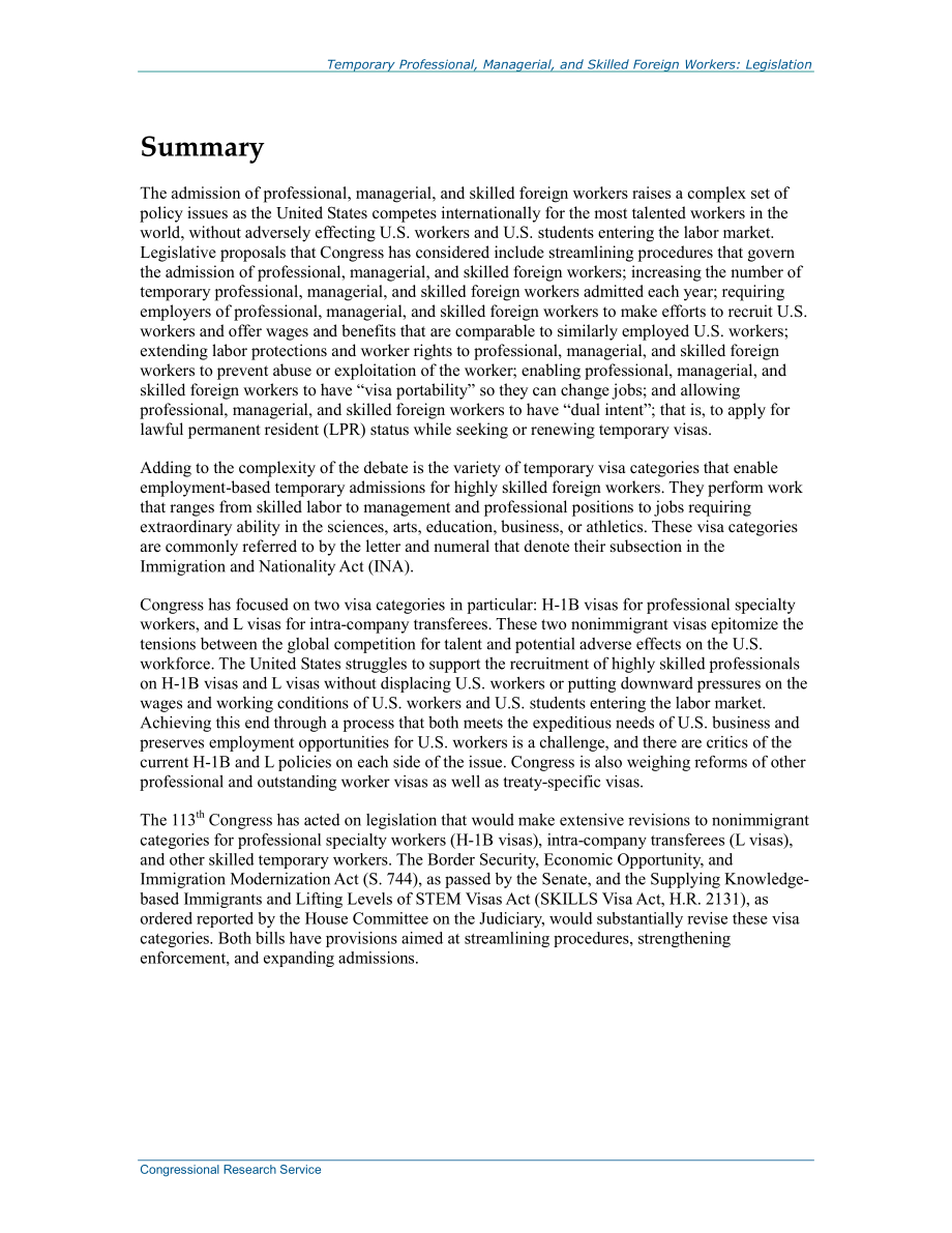 [20140930]R43745_临时专业、管理和熟练外籍工人：第113届国会的立法.pdf_第2页