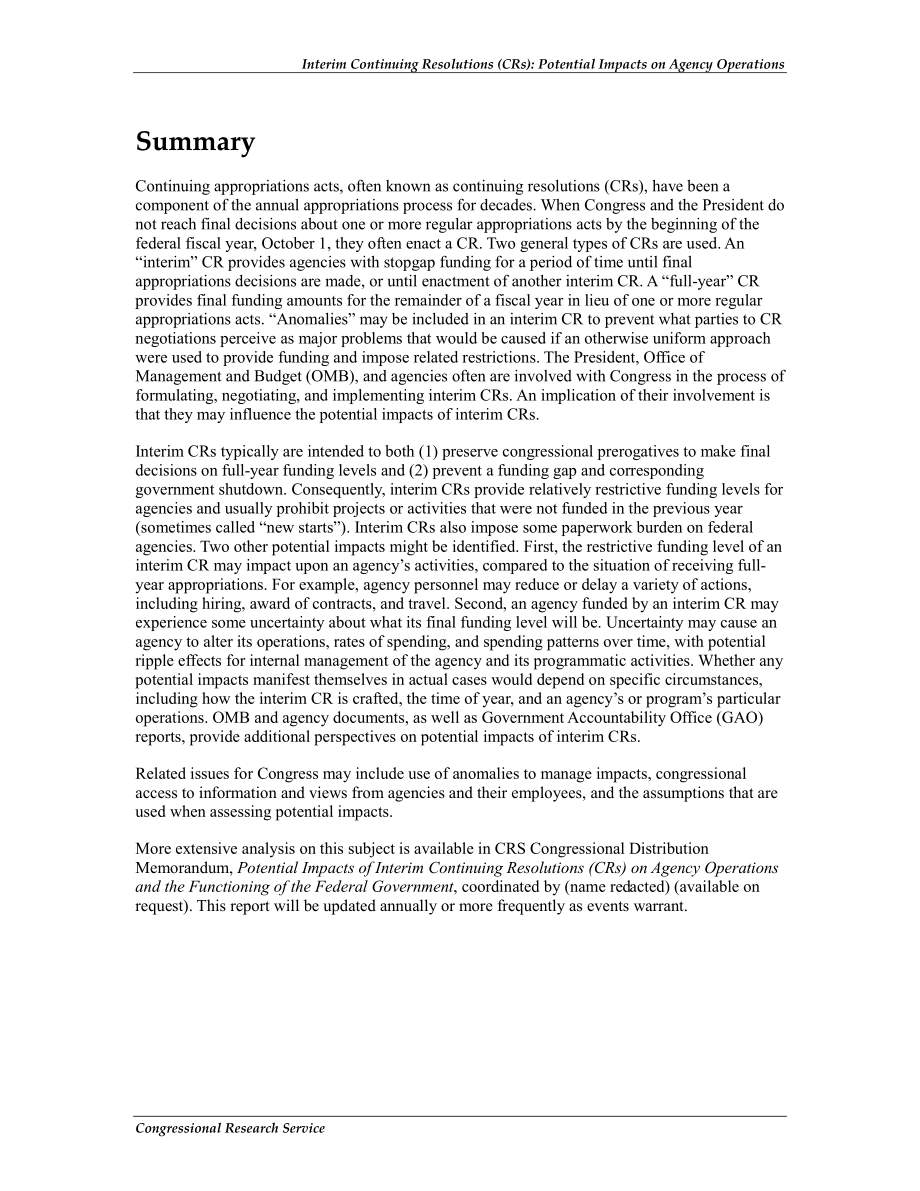 [20120725]RL34700_临时持续决议（CR）：对机构运营的潜在影响.pdf_第2页