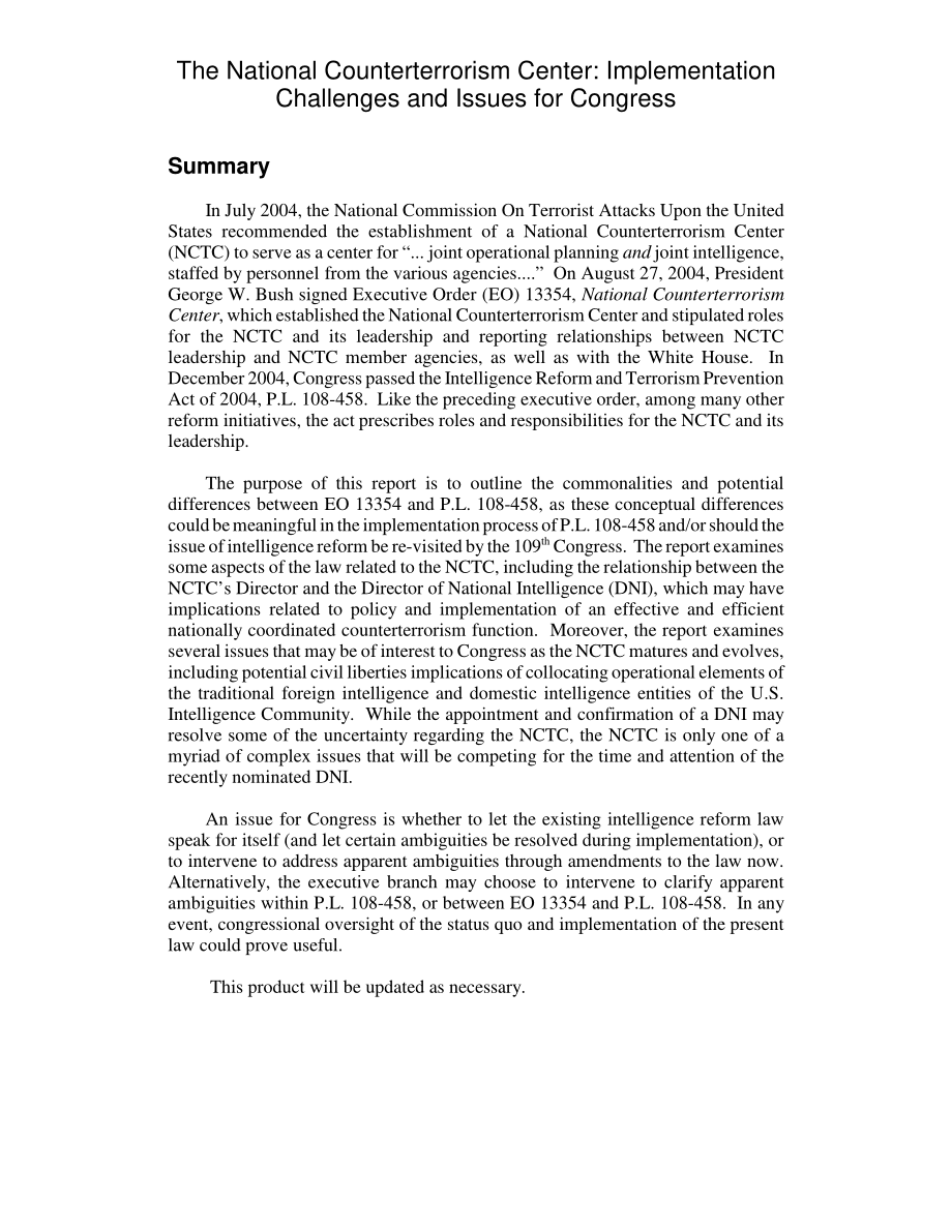 [20050324]RL32816_国家反恐中心：国会面临的实施挑战和问题.pdf_第2页