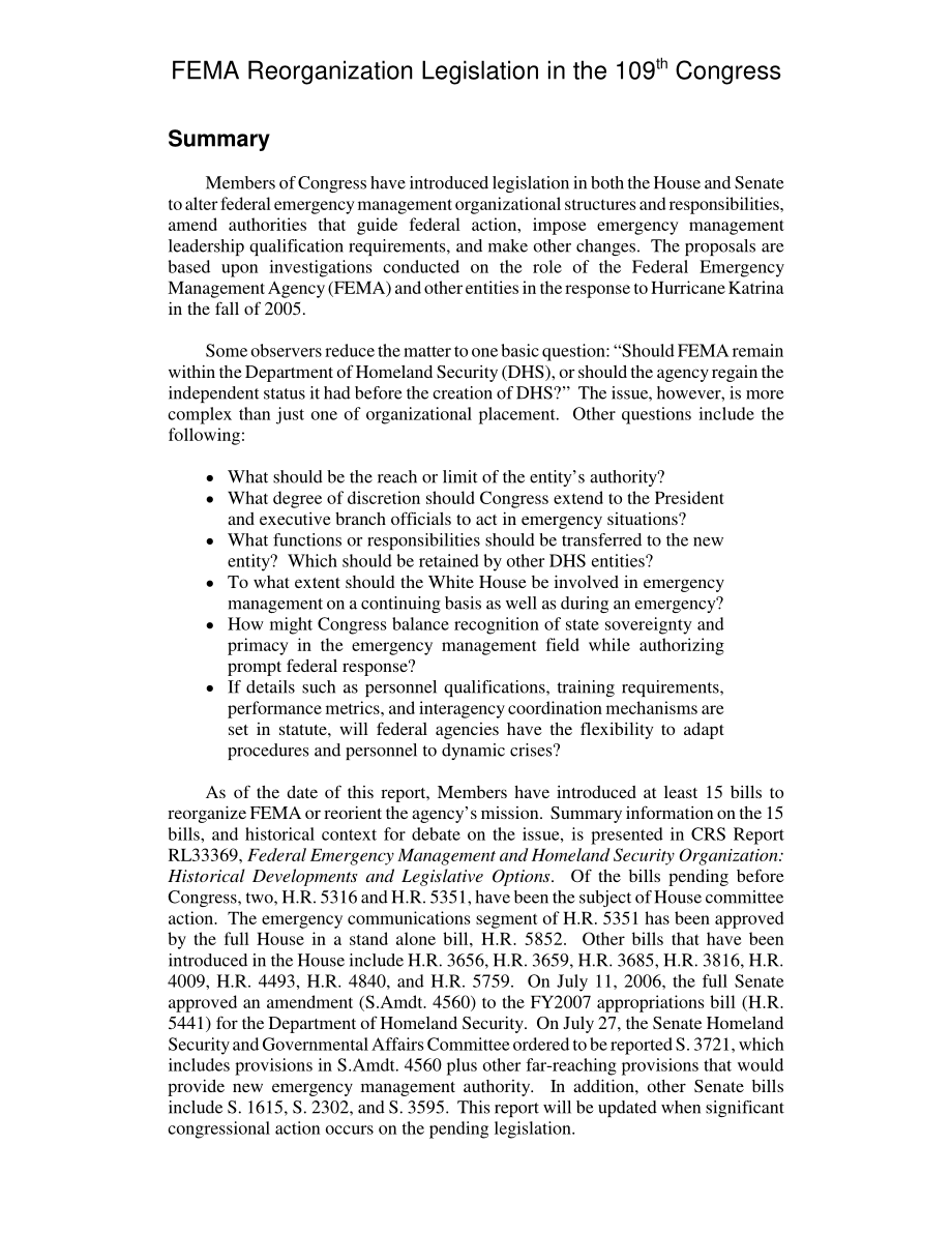 [20060901]RL33522_第109届国会联邦应急管理局重组立法.pdf_第2页