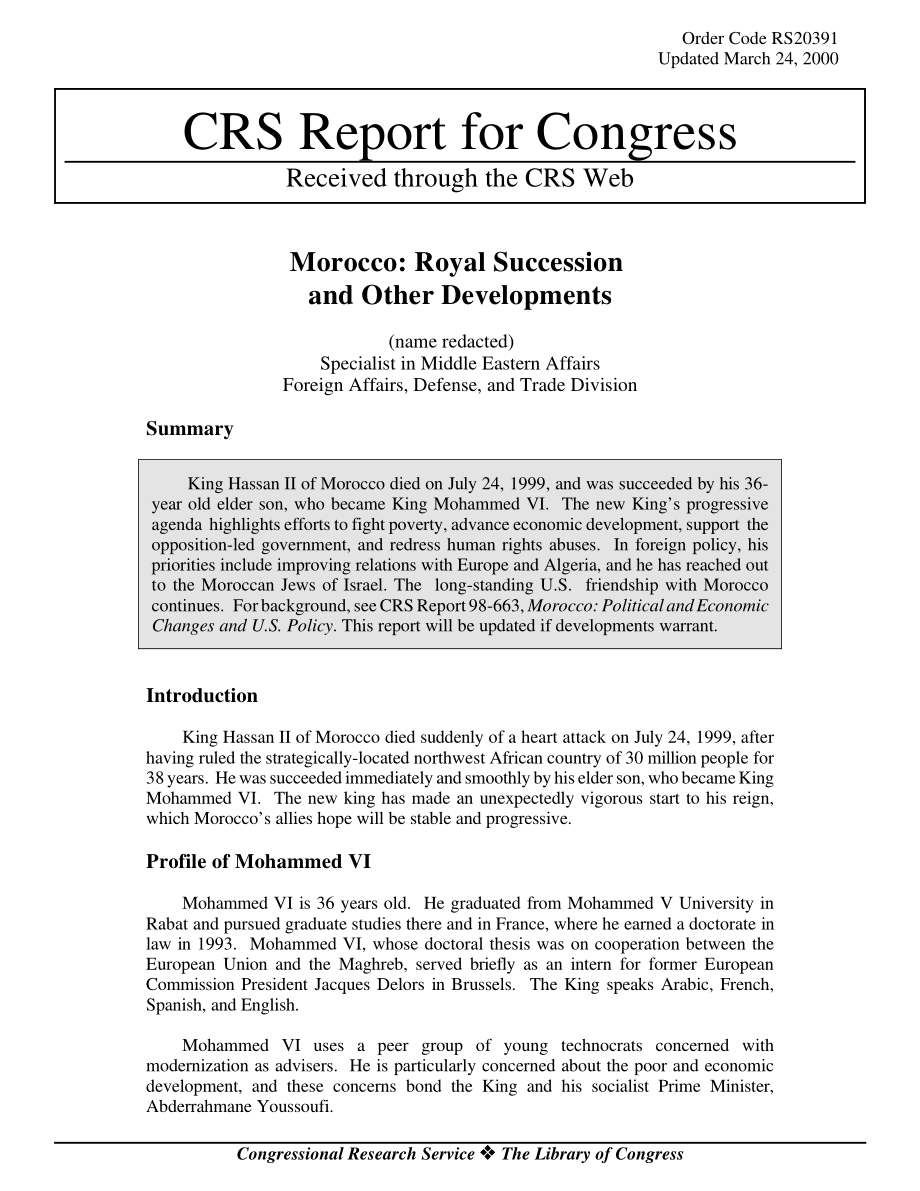 [20000324]RS20391_摩洛哥：王室继承和其他发展.pdf_第1页