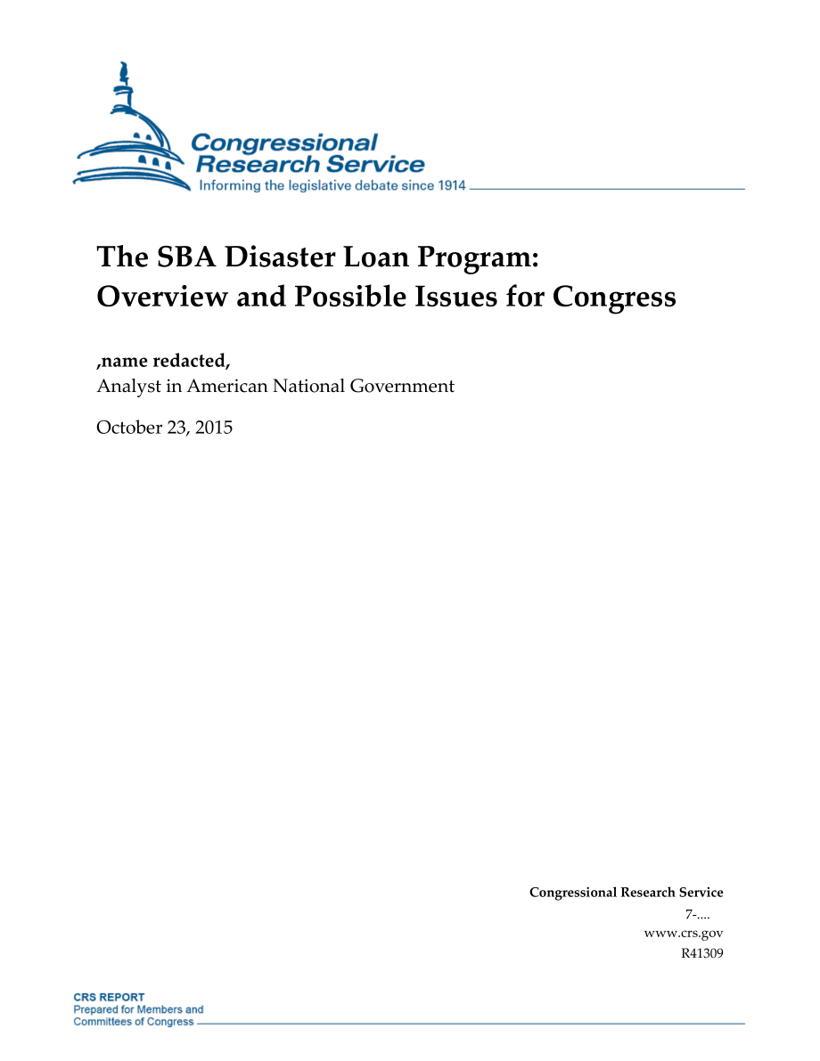 [20151023]R41309_SBA灾难贷款计划：概述和国会可能面临的问题.pdf_第1页