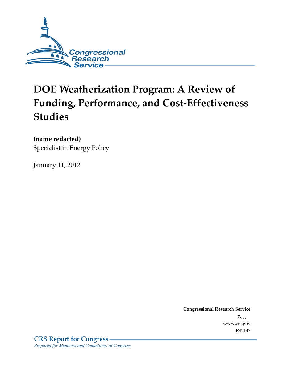 [20120111]R42147_DOE气候化计划：审查资金、绩效和成本效益研究.pdf_第1页